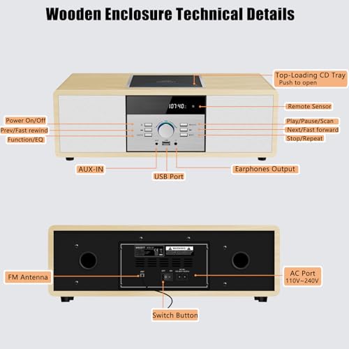 Bluetooth Stereo System for Home with CD Player, Vintage Wooden Hi-Fi Music System with Bluetooth, FM Radio, AUX & USB Input, Remote Control, Compact Radio & Stereo by WIITHINK - Image 7