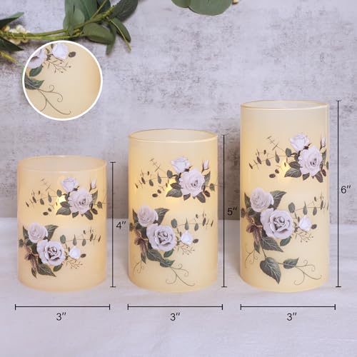 Image of Glass Flameless LED Candles with Timer, Battery Operated Flickering Wax Pillar Candles with Remote, Rose Floral Decoration for Spring Wedding Love Themed Party