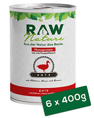 RAW Nature - Ente Pur 6x400g - Mit Hirse und Birne - Nassfutter für Hunde - Hoher Fleischanteil - Monoprotein - Alleinfuttermittel - Getreidefreies Hundefutter (6er Pack)