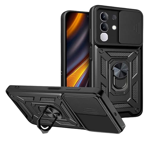 Image of SPAZY CASE vivo T4x 5G / iQOO Z10x 5G Back Cover | Heavy Duty Hybrid Case with 360 Degree Rotating Finger Ring Holder + Slider Shutter Camera Protection Case for vivo T4x 5G / iQOO Z10x 5G - Black