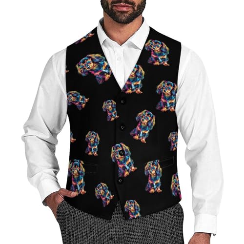 Colorful Long Haired Dachshund Dog Men's Suit Vest Casual Formal Dress Vests Business Waistcoat