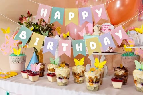 Image of Runhiskii Pastel Happy Birthday Banner, Rainbow Birthday Bunting Sign for Women Girls Boys Birthday Party Decorations, Reusable Girls Party Backdrop Light Pink Blue Purple Yellow