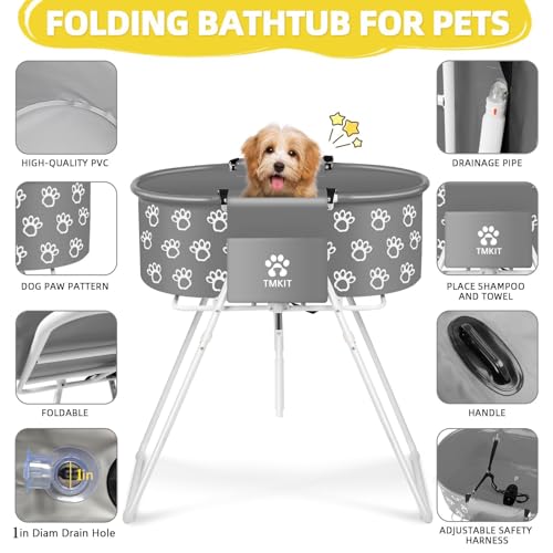 Dog Bathtub for Dogs, Elevated Dog Bath Tub for Pet Grooming and Bathing Shower, Portable, Foldable with Safety Lock, Professional Pet Washing Station for Small Midel Dogs Cat (Gray)