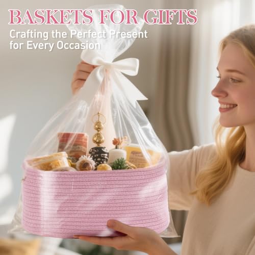 Image of Woven Basket with Gift Bags and Ribbons, 14 inchX 10 inch X 6 inch Storage Basket Pink | Gift Storage Organizer Basket Bin Shelf Shelves Cotton Rope Basket for Nursery, Pet Toys
