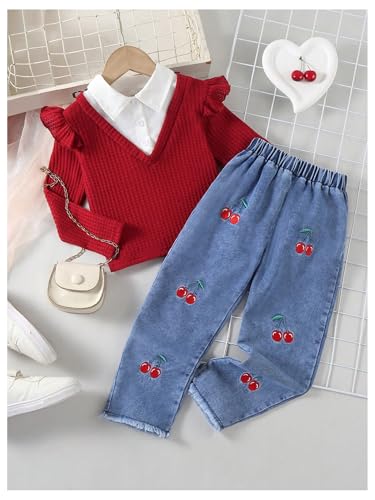 Image of GORGLITTER Girl's 2 Piece Outfits Ruffle Trim Long Sleeve Sweater Cherry Embroidered Jeans Red and Blue 7Y