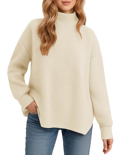 YUCOLEN Women's Oversized Sweaters Turtleneck 2025 Fall Outfits Trendy Drop Shoulder Knit Side Slit Pullover Sweater Tops