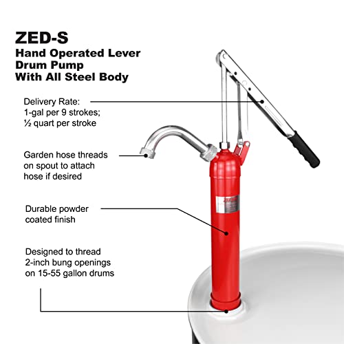 Image of ZEELINE by Milton Hand Operated Lever Drum Pump, 15-55 Gallon, 1 Gallon per 9 Strokes, All Steel Body, ZED-S