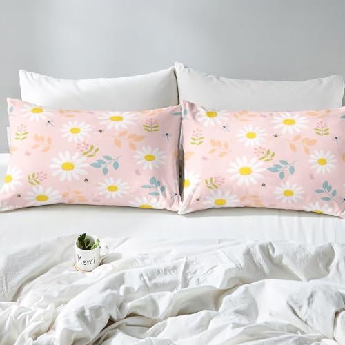 Image of Daisy Flowers Bed Sheet Queen Set Bee Butterfly Sheets Sets Adults Bedroom Decor Spring Floral Microfiber Bedding Set with Flat,Fitted Sheet,2 Pillow Cases
