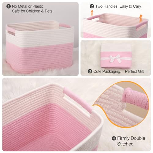 Image of Woven Organizing Baskets, Pastel Toy Storage Bin, decoration Cotton Rope Basket for Nursery, Closet，Book Shelf，Soft Storage Cube Organizer for Kids，Girls - Pack of 3，Pink