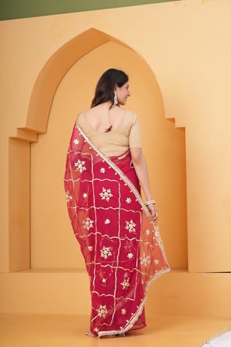 Image of Embroidered Organza Saree with Lace Border for Women | Organza Saree for Wear in Occasions | Elegant Ethnic Wear | Red Pink