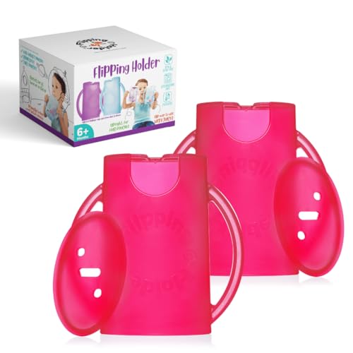 Image of Flipping Holder Squeeze Proof Pouch Holder (2-pack with lids) for Food Pouches & Juice Boxes - Multipurpose - Prevent Messes & Support Self-Feeding - Easy Grasping Handles - Made in USA