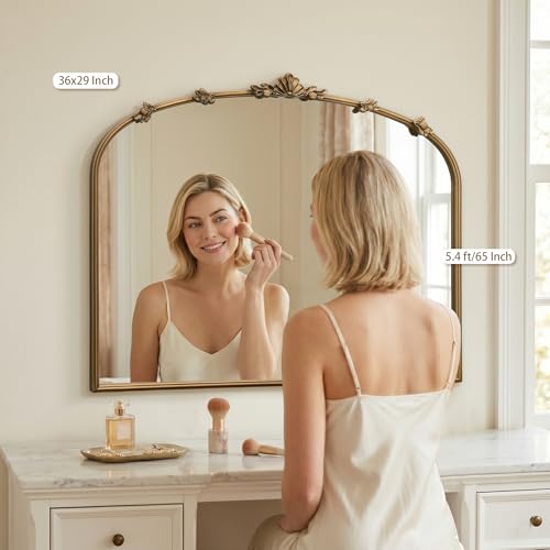 Image of Besdomus Vintage Gold Arched Mirror: 36 inchx29 inch Antique Vanity Mirror | French Baroque Decorative for Wall /Mantel /Bedroom /Entryway /Bathroom /Hallway - Home Decor for Fashion- Conscious