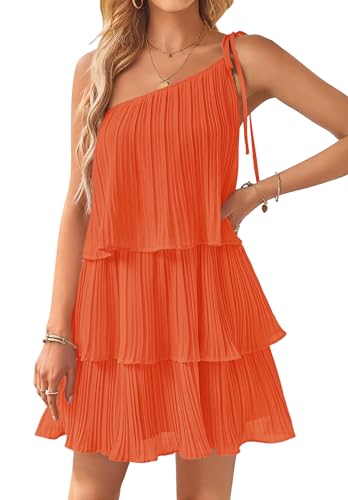 Image of ZESICA Women's Boho Summer One Shoulder Sleeveless Ruffle Tiered Layered Chiffon Pleated A Line Flowy Mini Dress