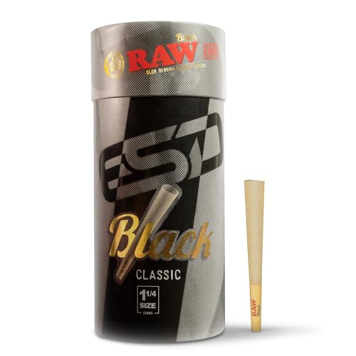 RAW Cones Classic Black 1-1/4 Size | 100 Pack | Slow Burning Pre Rolled Cones - Rolling Paper Pressed Extra Fine for Thin Naturally Translucent Paper with Tips & Packing Tubes Included