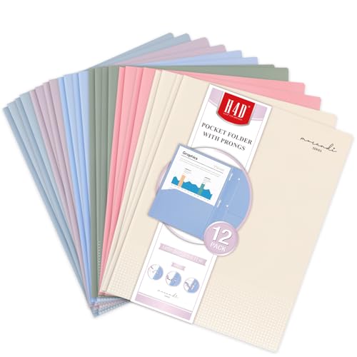 H4D Plastic 2 Pocket Folders with Prongs, 8.5x11, Pastel Colors, 12 Pack