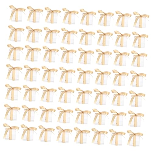 MINAOLULUS 50個透明スクエアキャンディボックス リボン付き折りたたみ式 包装箱 結婚式やパーティーの贈り物用おしゃれな透明包装ケース