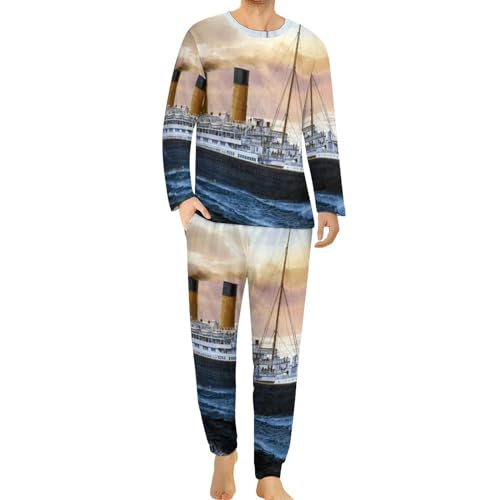 Retro Titanic Famous Old Historic Men's Pajamas Set Long Sleeve Sleepwear Soft 2 Piece Loung Set Pjs with Pockets 3XL