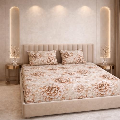 Image of THEA King Elastic Fitted Double Bedsheet Set| 100% Cotton Like Soft Fabric | Microfiber King Elastic Double Bedsheet for King Size Bed (72 X 78 x 10 inches) with 2 Pillow covers,Mocha Bloom