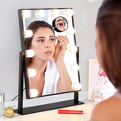 Image of Vanity Mirror with Lights,Lighted Vanity Mirror with 12 Dimmable Bulbs for Dressing Room & Bedroom,3 Color Lighting,Modes Detachable 10x Magnification 360Ratation