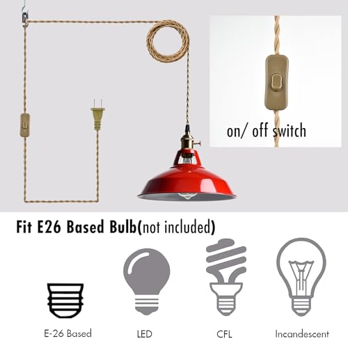 Image of YUBOLE Plug-in Pendant Light Vintage Red Barn Shade-10.06 inch W with Switch