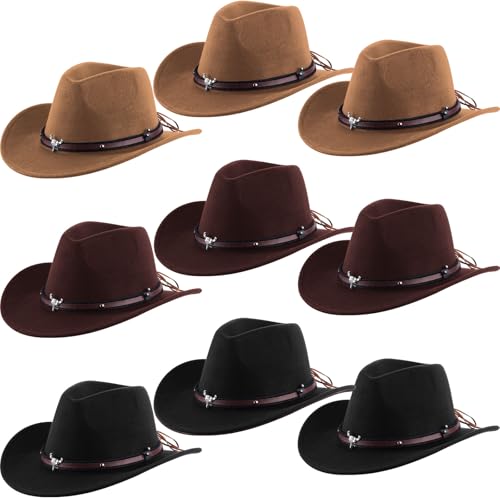 Image of Toulite 9 Pcs Western Cowboy Hats Faux Felt with Strap Bulk | 9 Color Fur Faux Felt Travel Cap for Men Women, Cowgirl Party Halloween Cosplay Costume Western Theme Events