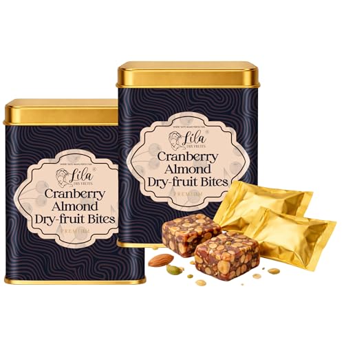 LILA DRY FRUITS Dry Fruit Bites 200 g x 2 (400 g) Cranberry Almond Dry Fruits Barfi | Dates, Almonds & Dried Cranberries with Desi Ghee | Soft Energy Snack Bites Natural Sweet Snack for Anytime Munching Perfect for Gifting