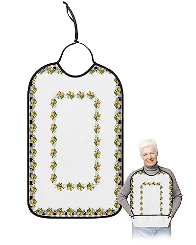 Kewadony Adult Bibs for Elderly Women - Summer Lemon and Leaves Waterproof Dining Clothing Protectors with Crumb Catcher for Eating/Feeding, Farmhouse Black Buffalo Plaid Terry Cloth Bib Washable