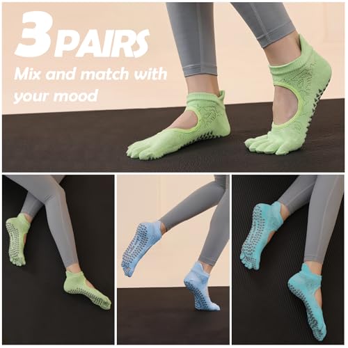 Image of Women's Non-Slip Pilates Yoga Socks, 5-Toe Breathable Cotton Sports Socks, For Pregnant Women, 3 Pairs
