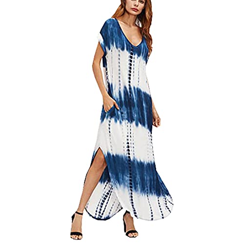 Women's Boho Maxi Short Sleeve Split Pockets Sexy V Neck Tie Dye Long Dress Summer Casual Beach Dress Long