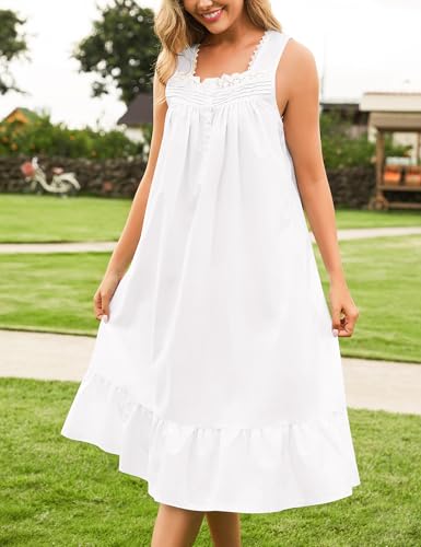 YOZLY 100% Cotton Nightgowns for Women Victorian Sleeveless Night Gown Button Sleepshirt with Pockets S-XXXL3