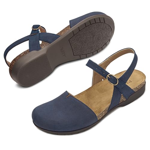 Image of PARTY Closed Toe Sandals Women, Barefoot Arch Support Flat Sandals for Office Work and Travel with Comfortable Cork Footbed