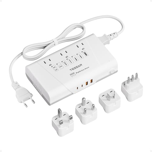 Image of TESSAN 600W Pure Sine Wave 220V to 110V Voltage Converter | US to Europe, 4 USB Ports PD 35W QC 30W, EU /UK /AU /IT /India Plug Adaptor, Step Down Transformer, Universal Travel Adapter