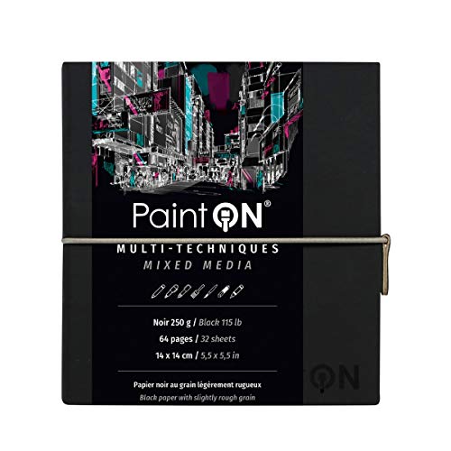 Clairefontaine 975434C - Un carnet cousu de papier dessin Paint'On 64 pages noires 14x14 cm 250g, fermeture élastique, couverture souple noire
