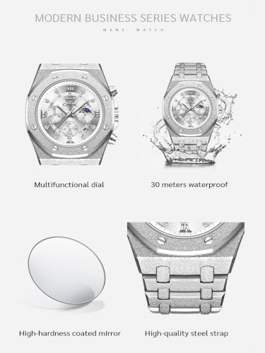 Image of OPK Men Analog Automatic Watches Waterproof Multifunction Chronograph Diamond Moon Phase Luminous Stainless Steel Band Wrist Watches