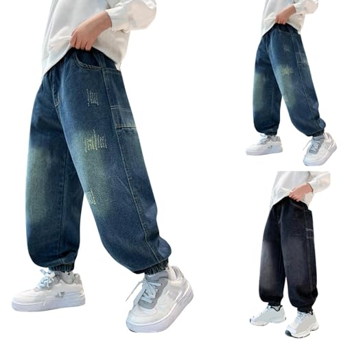 Kids Baggy Washed Jeans Casual Elastic Waist Loose Joggers Denim Pants with Pockets for Girls Boys 5-15 Years2