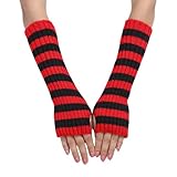 Insdark Goth Striped Arm Warmers Y2k Fingerless Knit Punk Rock 80s Rave Emo Gothic Grunge Fashion Aesthetic Winter Warm Elbow Length Knitted Stripe Sleeves to Cover Arms for Women, Red and Black