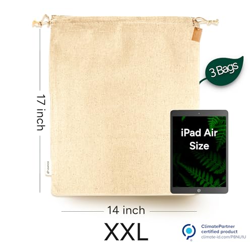 Image of LEAFICO Reusable Produce Storage Bags - XX-Large 19x23 3 Pack - Breathable Muslin Fabric Sacks with Drawstrings - Dust-Proof Travel Cotton Bags for Laundry, Clothes, Purses