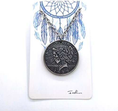 Peace Goddess Liberty Coin Necklace Handmade Retro Silver Cranium Pendant Punk Artwork Stainless Metal Chain Size Adjustable Males and Ladies Relevant Jewellery Present 7