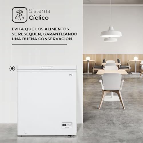 Svan Congelador horizontal Blanco SCH1501EDC. Capacidad 142 Litros, Dual Cooling, 1 Cesta, Bajo nivel Sonoro, Eficiencia Energética Clase E [Clase de eficiencia energética E]