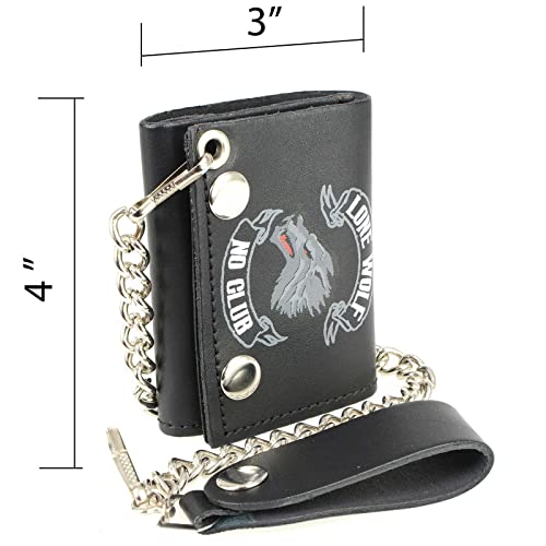 Milwaukee Leather MLW7833 Men's 4” Leather “Lone Wolf No Club” Tri-Fold Wallet w/Anti-Theft Stainless Steel Chain - One Size4