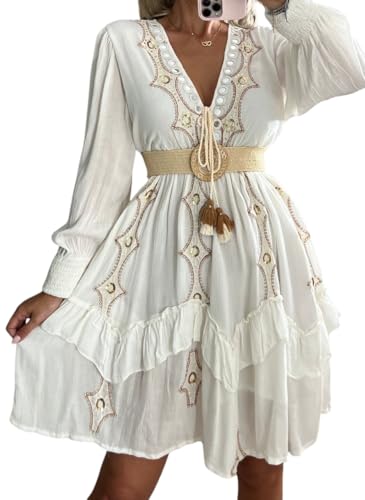 Robe midi bohème col en V avec détails à volants et perles