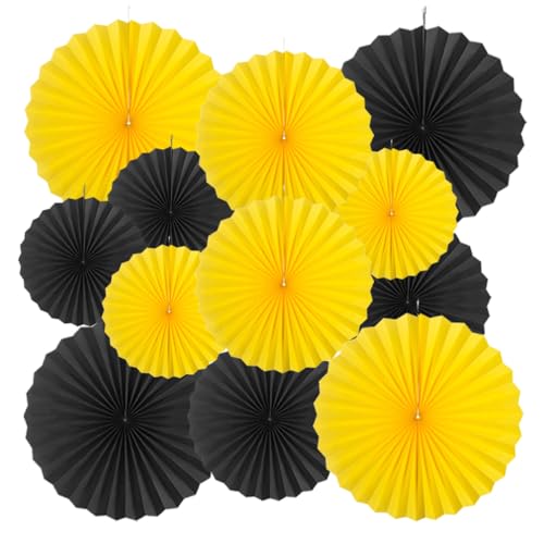 Image of MOWO Black Yellow Paper Fans Hanging Decoration, 12pc | Bee Honey Baby Shower Gender Revealbirthday graduation wedding retirement baby shower new year party decoration