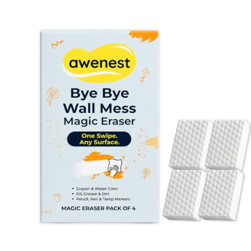Image of awenest Magic Eraser Cleaning Sponge- Pack of 4 | Chemical-Free, Multi-Purpose Wall & Stain Remover | Super Scrub for Kitchen, Bathroom, Walls, Shoes & More - Tough on Stains, Gentle on Surfaces