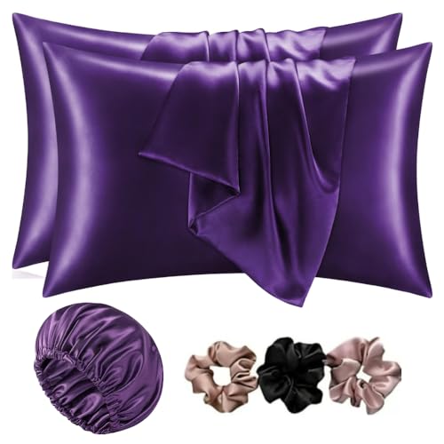 Image of Go Well Bonnet for Curly Hair with Free Satin Pillow Covers and Scrunchies | Silk Bonnet for Hair | Combo of Pack of 2 Satin Pillowcases with 3 Silk Scrunchies Adjustable HairCap(Dark Purple)