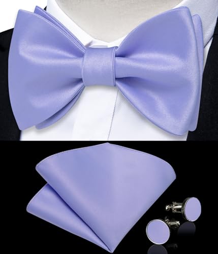 Image of DiBanGu Solid Color Bow Ties for Men Formal Satin Self Tied Bowtie with Lapel Pin Pocket Square Cufflinks for Wedding Party