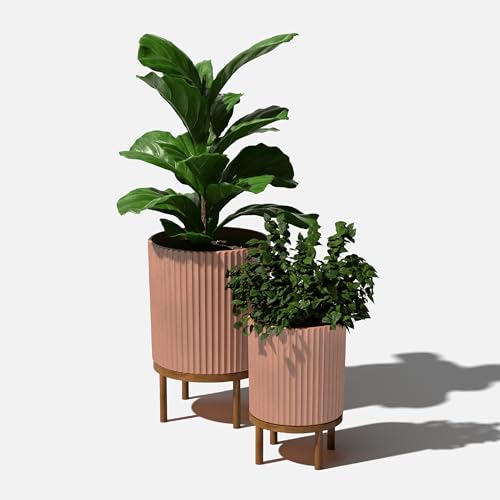 Image of Veradek Demi Series Raised Duo Planters - Set of 2 Planters with Stands | Made From a Durable Plastic-Stone Composite & Comes With Wooden Stand. Modern Porch /Patio Decor