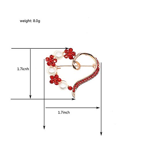 Heart Brooch For Women Cluster Pave Clear Crystal Love Heart Pearl Brooch Pin Wedding Party Clothes Accessories (Rose Gold Red Crystal+White Pearl) #TOP1
