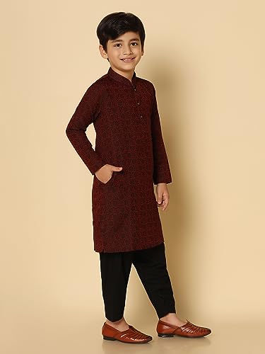 Image of KISAH Kid's Full Sleeves Silk Blend Knee Length Woven Design Maroon Kurta Patiala Set (3-4Y)