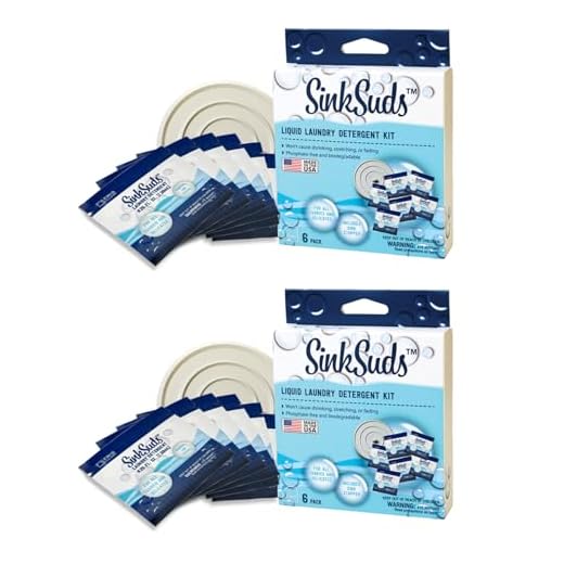SinkSuds Travel Laundry Detergent Liquid Soap + Odor Eliminator for All Fabrics Including Delicates, (TSA Compliant), 12 Sink Packets (0.25 fl oz Each) + 2-4in Stoppers, White, 2 Pack