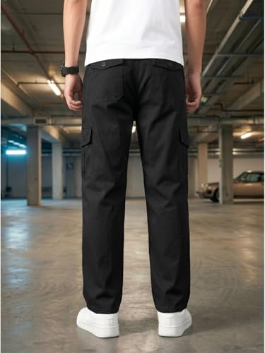 Image of Men's Cargo Trousers-100% Premium Cotton Regular Fit Lightweight Breathable Elastic Waist Multi-Pocket Casual Utility Pants